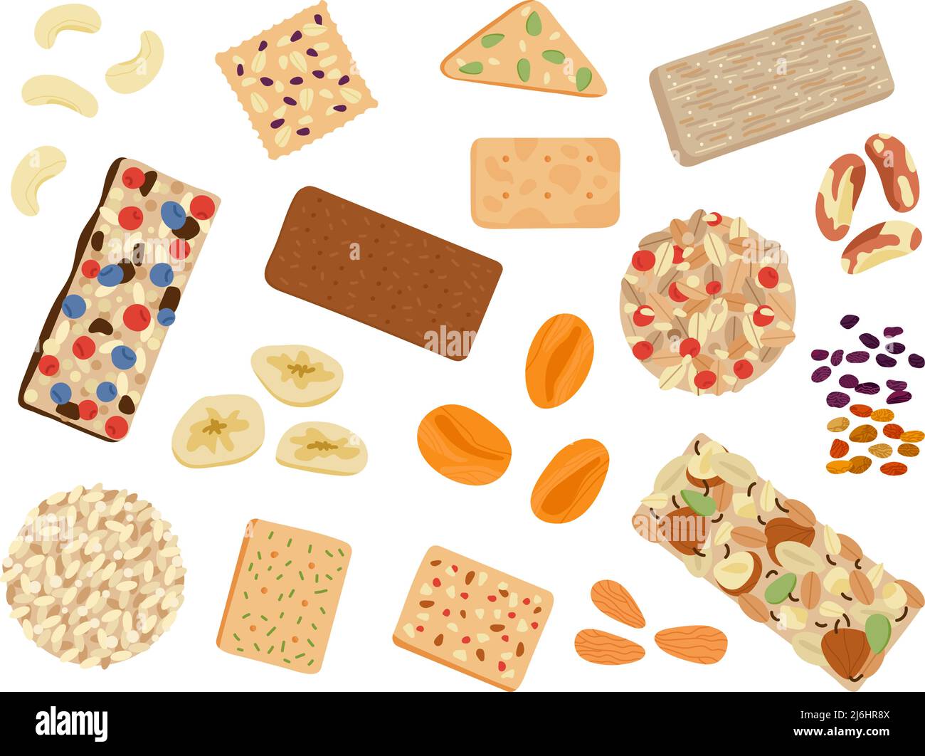 Healthy snacks set. Muesli bars, brazil nuts and seeds. Granola, nut mix and crackers with herbs. Isolated vegan kit fast food decent vector Stock Vector