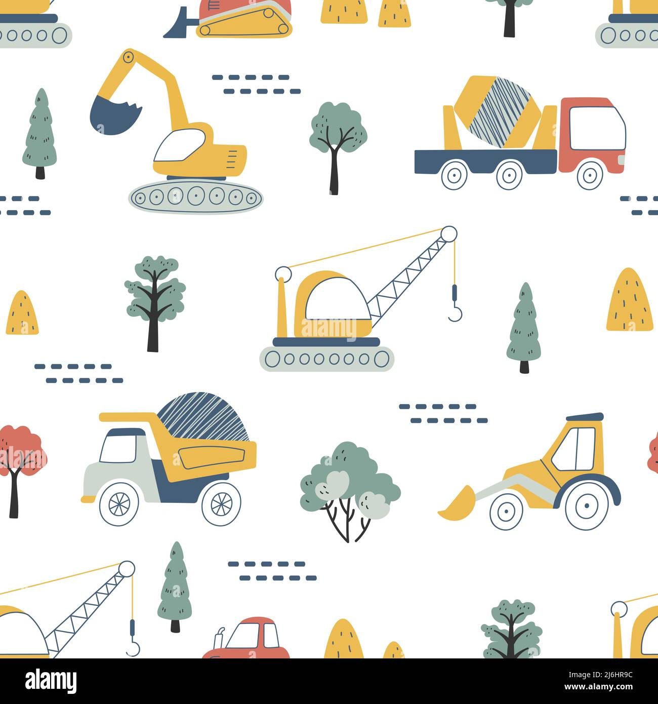 Kids truck seamless pattern. Doodle trucks, construction vehicles with ...