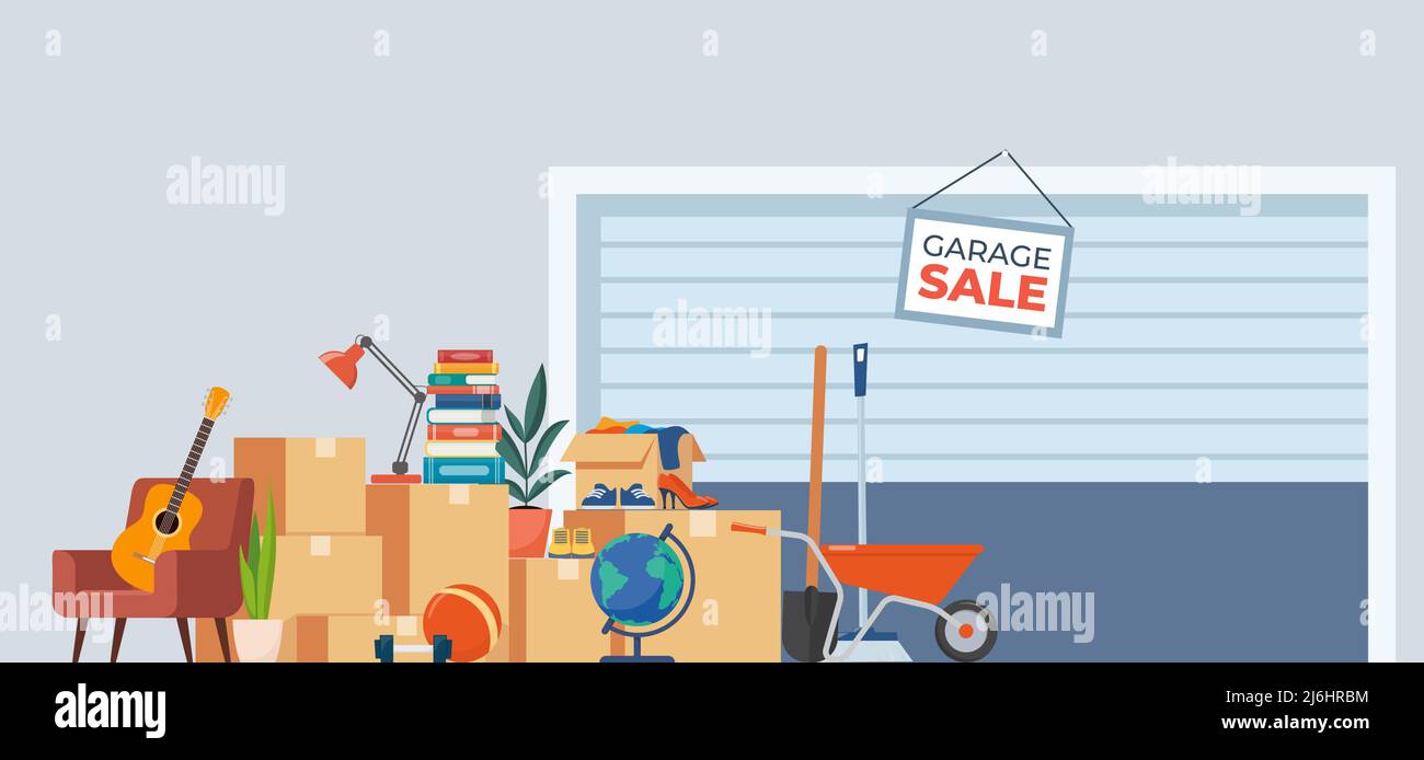 Garage sale background with furniture and accessory. House plants