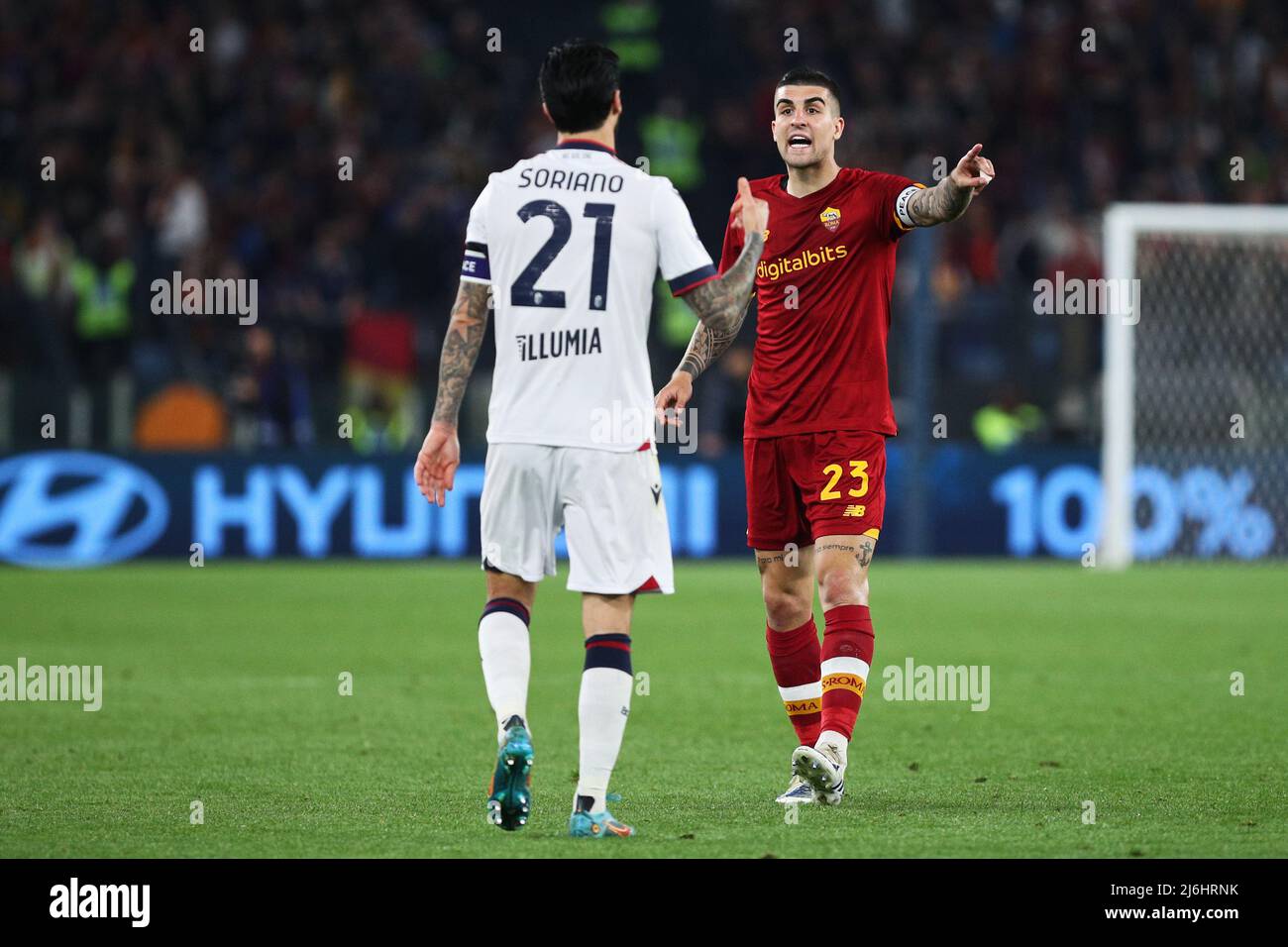 Gianluca Mancini Of Roma R Argues With Roberto Soriano Of Bologna L During The Italian Championship Serie A Football Match Between As Roma And Bologna Fc On May 1 22 At Stadio