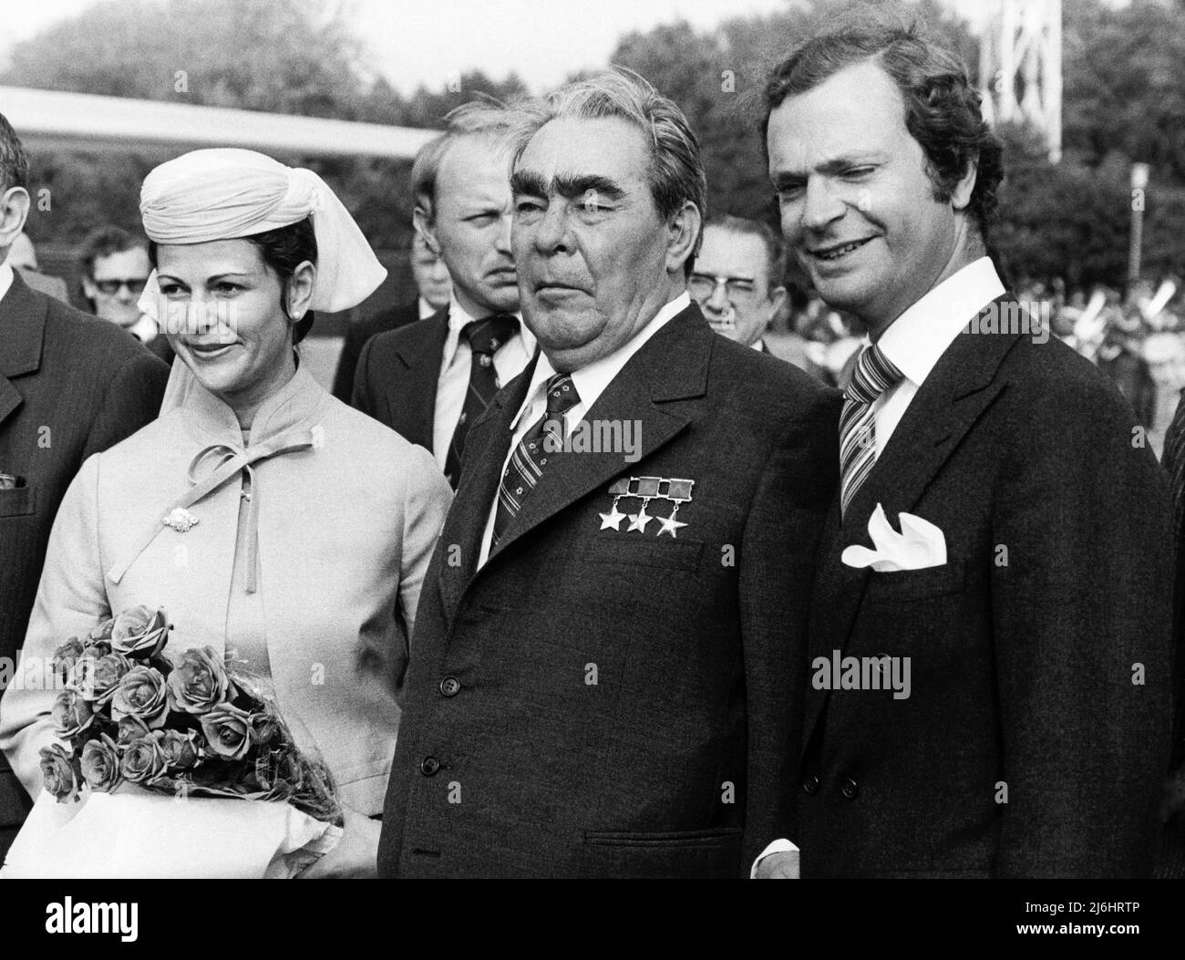LEONID BREZHNEV Soviet General Secretary 1964-1982 meeting the Swedish Royal Couple at a state visit to Soviet Stock Photo