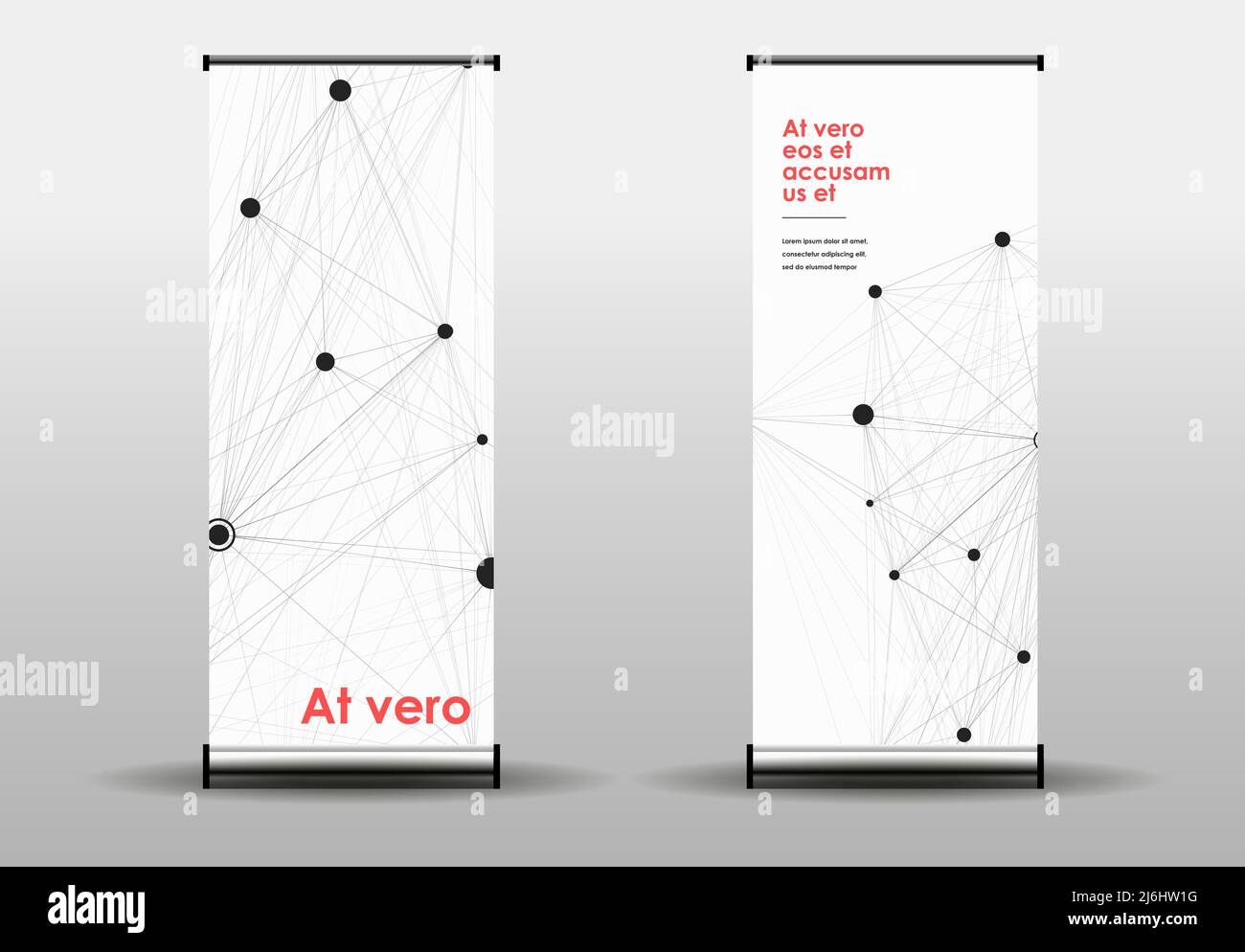 Vector abstract two long banners with black molecules on gray background Stock Vector