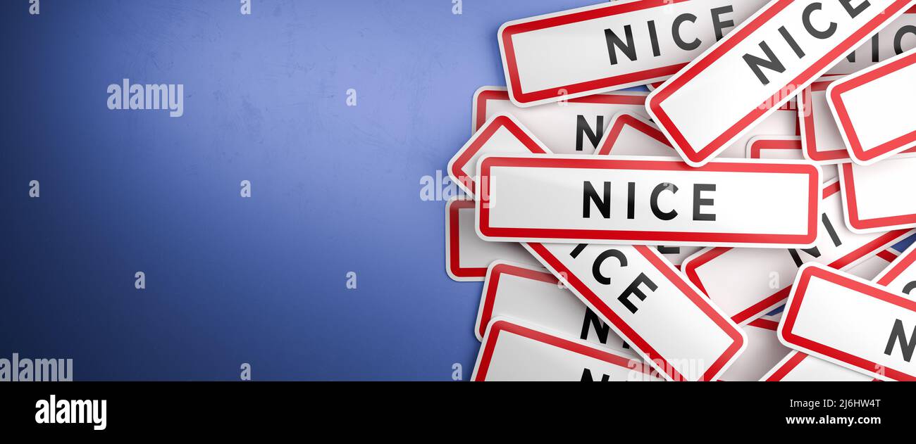 Multiple Nice city-limit signs on a heap. Nice is located in the Provence-Alpes-Côte d'Azur region, France. The typical white city limit sign with a r Stock Photo