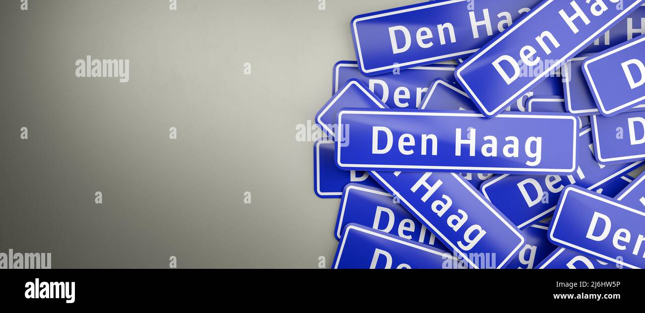 Multiple 'Den Haag' / 'The Hague' city limit signs on a heap. The Hague / Den Haag is the royal capital of the Netherlands. The typical blue city limi Stock Photo