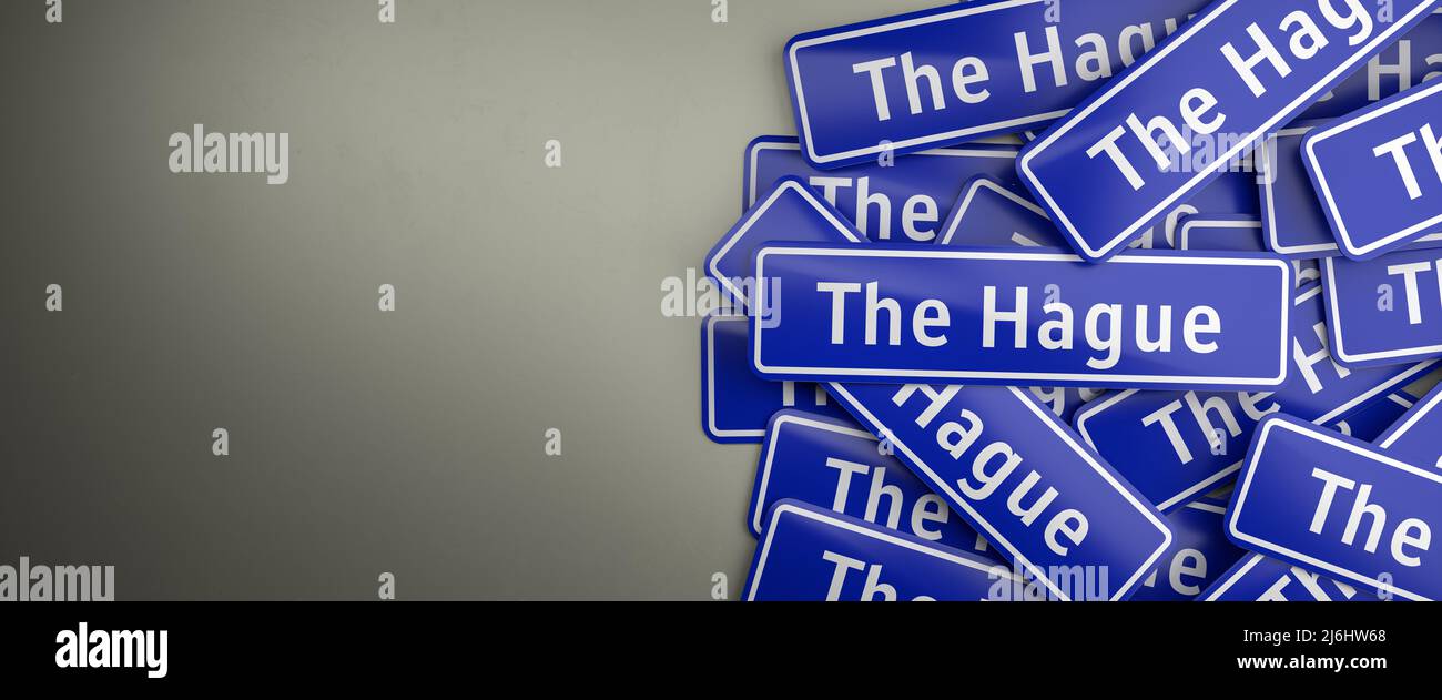 Multiple 'The Hague' city limit signs on a heap. The Hague / Den Haag is the royal capital of the Netherlands. The typical blue city limit sign for ci Stock Photo