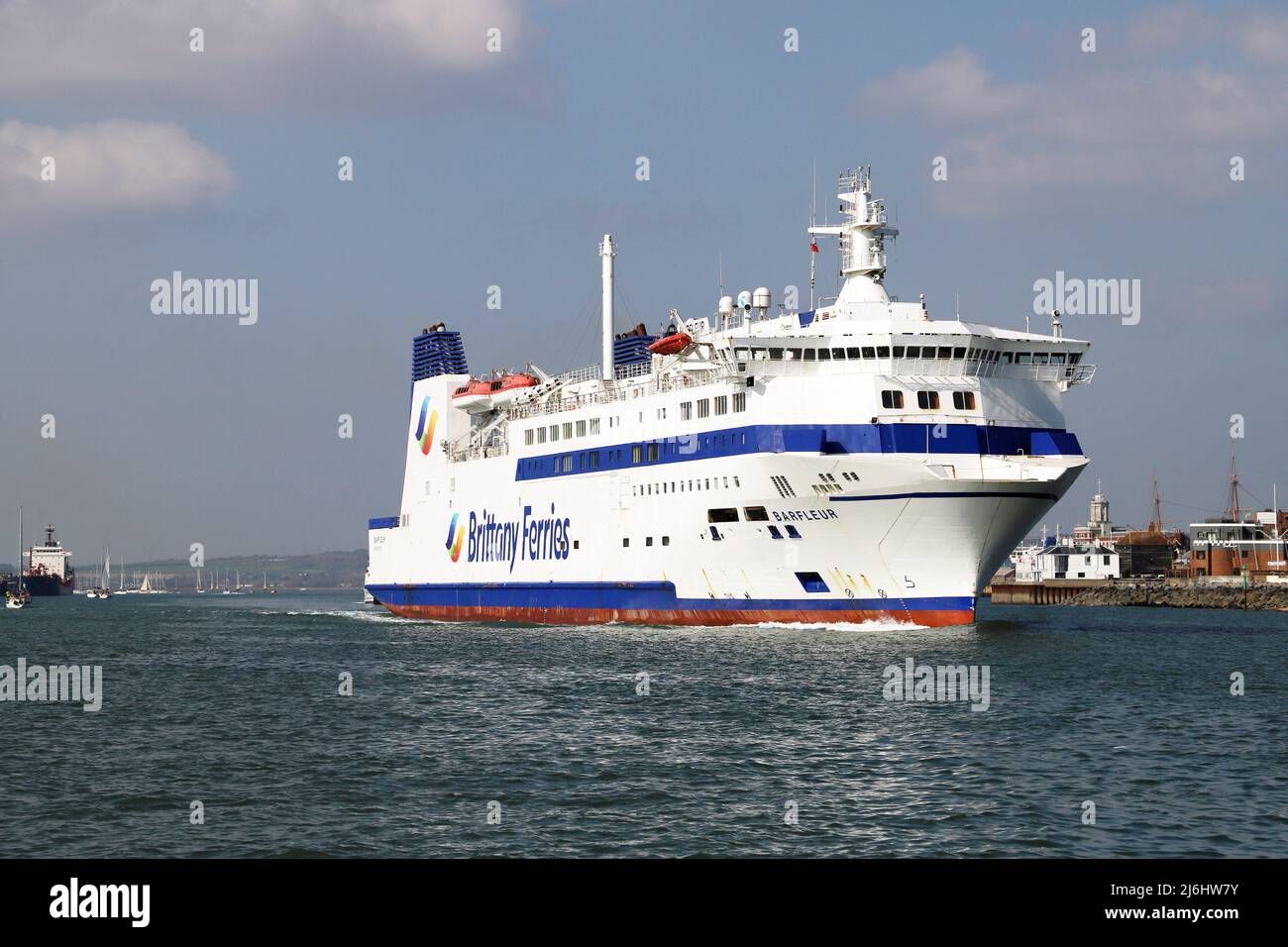 Brittany Ferries MS Barfleur leaving Portsmouth Harbour en-route to France Stock Photo