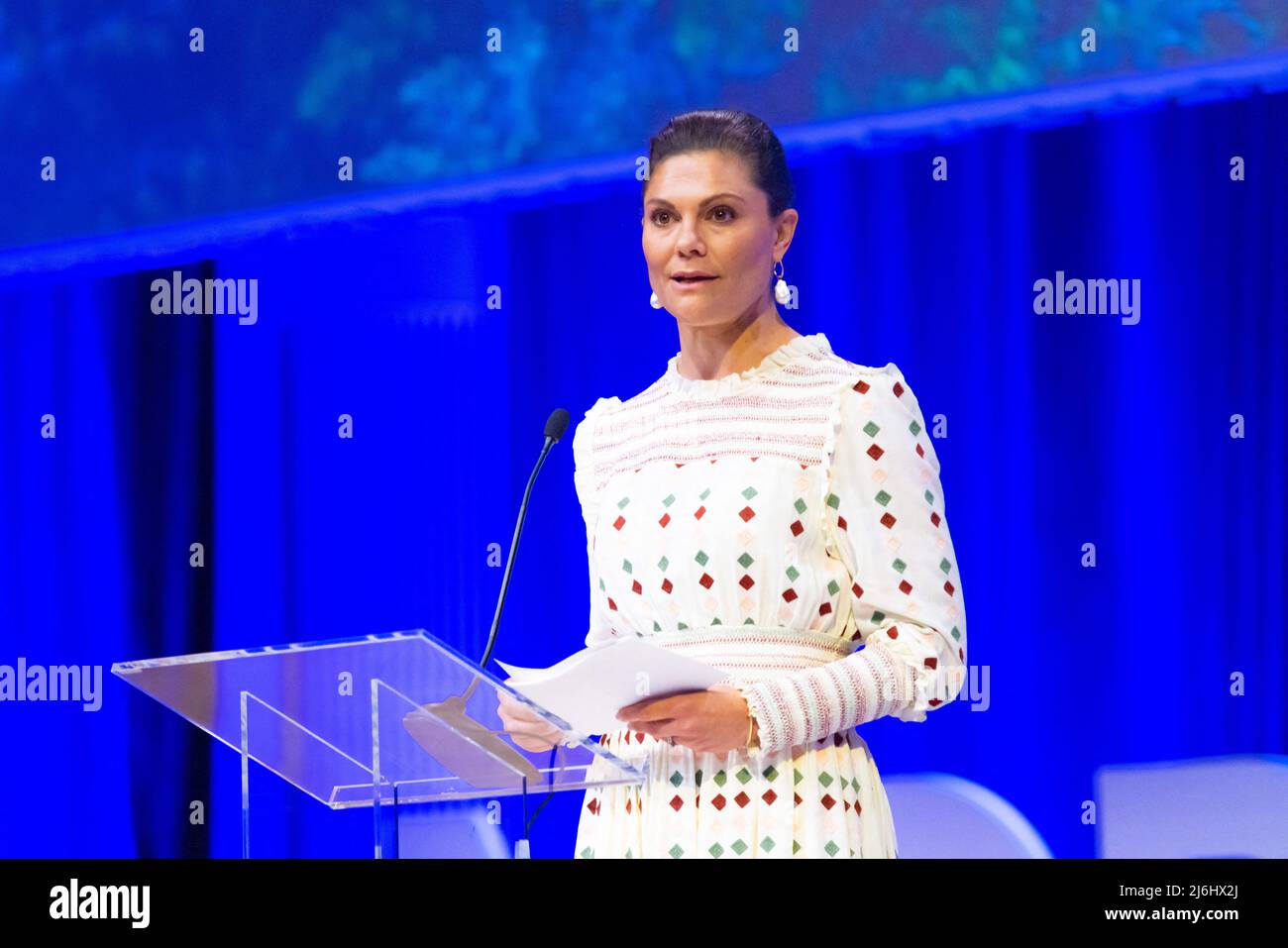 Princess Victoria at the Karolinska Institutet on the 1st day of the official 3 day visit of the Norwegian couple to Sweden. Stockholm, Sweden on April 2, 2022. Photo by Charlotte Brunzell/Stella Pictures/ABACAPRESS.COM Stock Photo