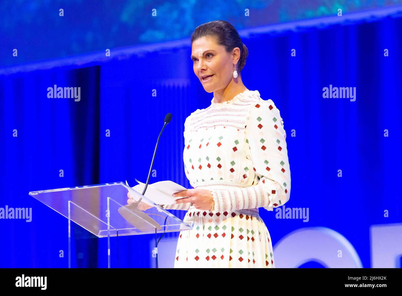 Princess Victoria at the Karolinska Institutet on the 1st day of the official 3 day visit of the Norwegian couple to Sweden. Stockholm, Sweden on April 2, 2022. Photo by Charlotte Brunzell/Stella Pictures/ABACAPRESS.COM Stock Photo