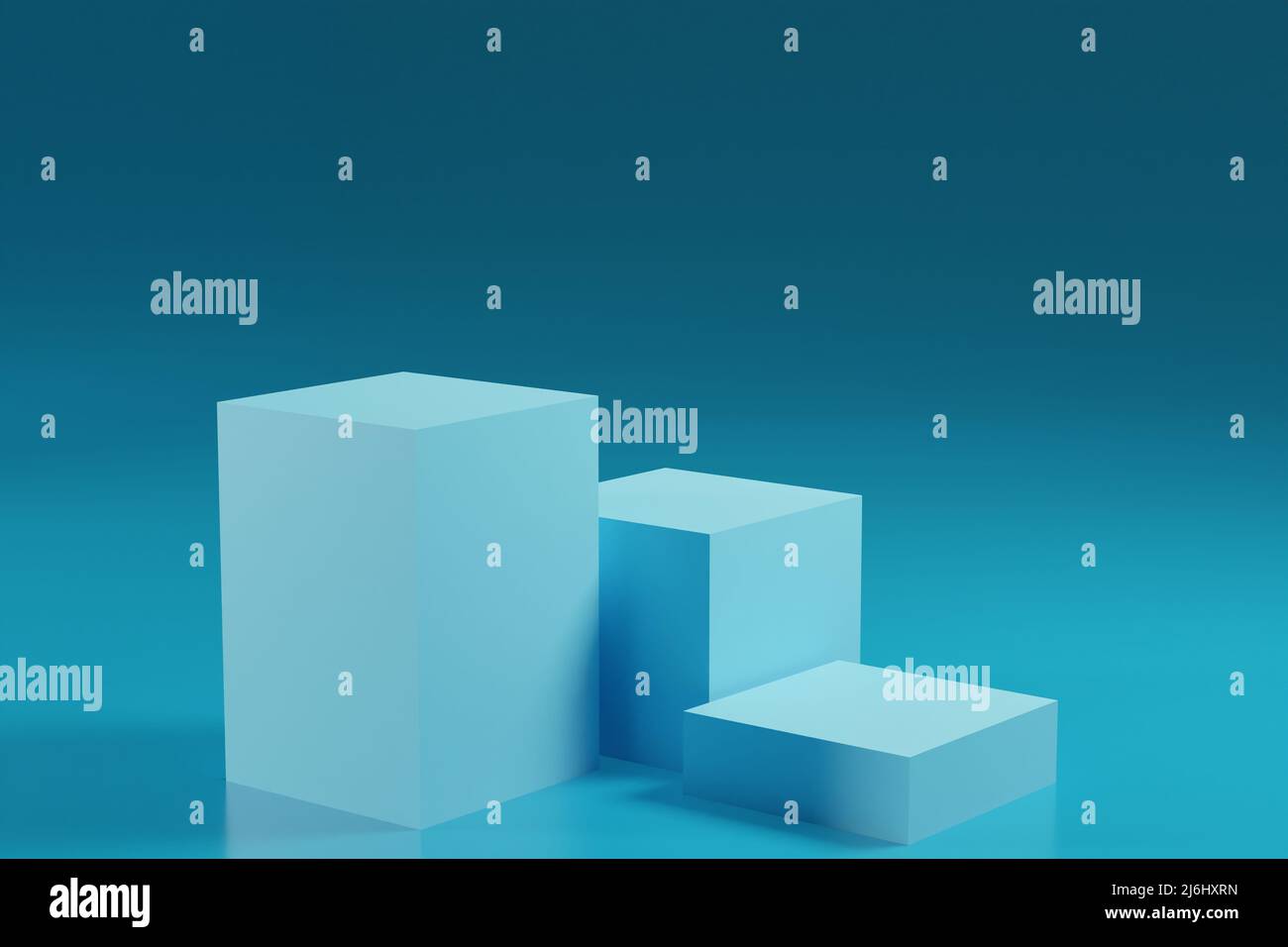 3d rendering product display with three blue platform on blue ...