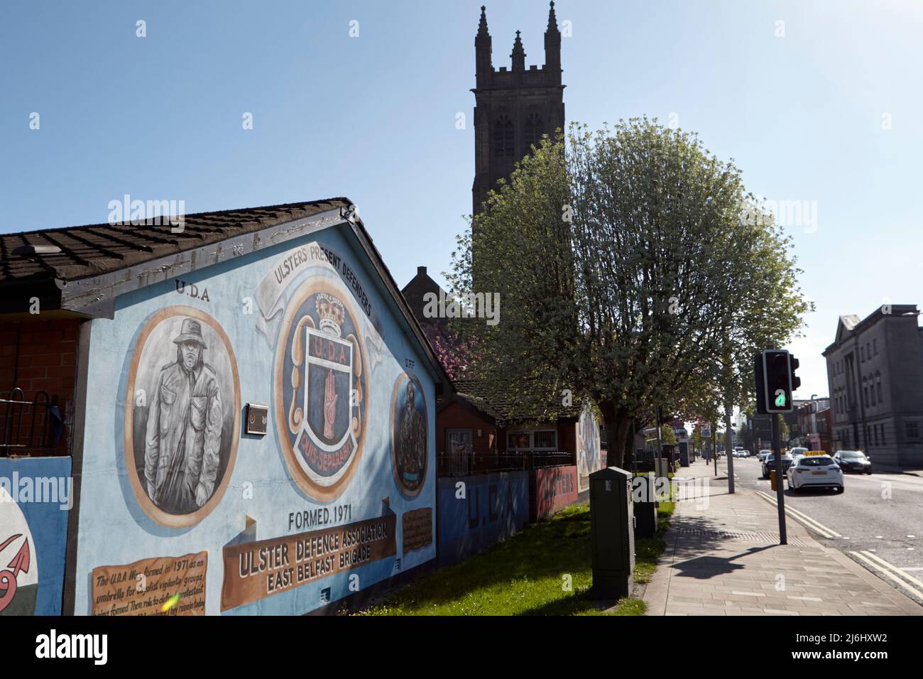 UDA (Ulster Defence Association) Loyalist paramilitary murals on 'Freedom Corner'  lower Newtownards Road, East Belfast, Northern Ireland, 20th April Stock Photo