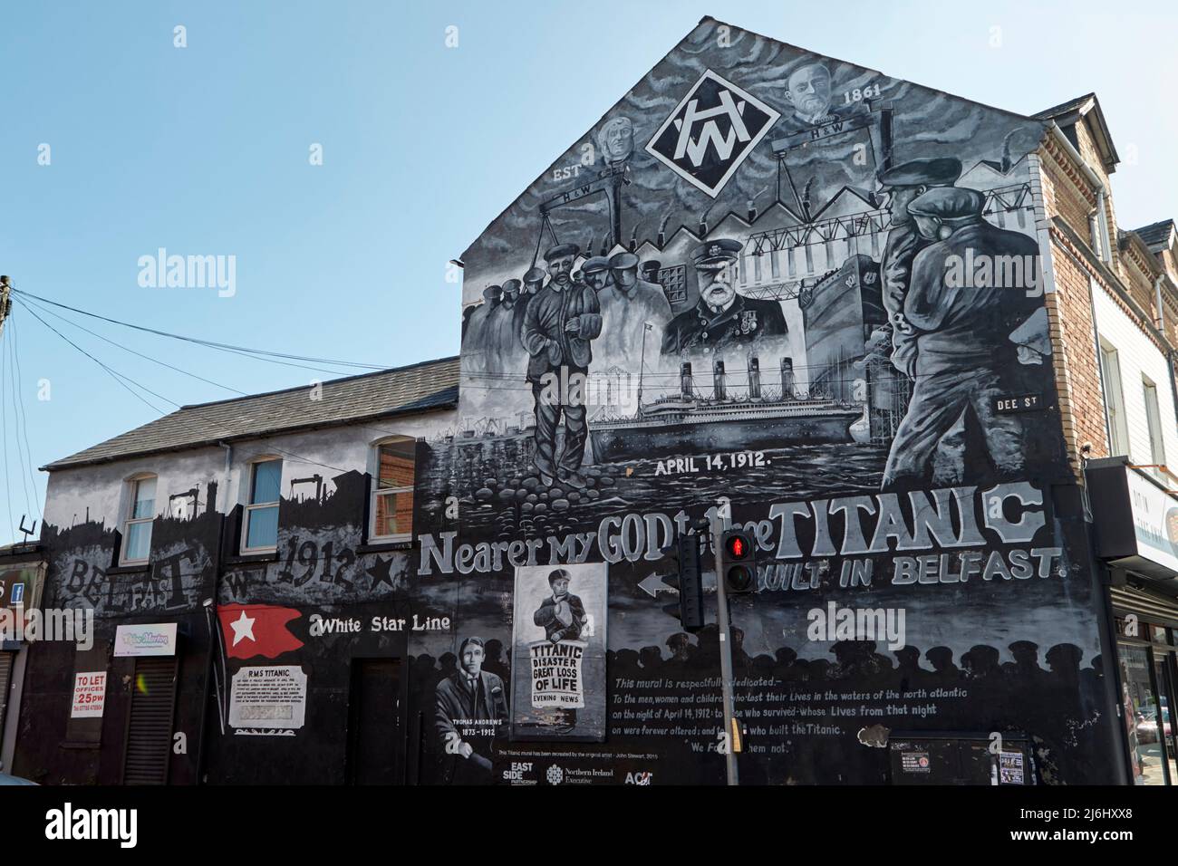 Titanic Mural on Dee Street off the lower newtownards road near the harland and wolff shipyard East Belfast, Northern Ireland, 20th April 2022. Stock Photo