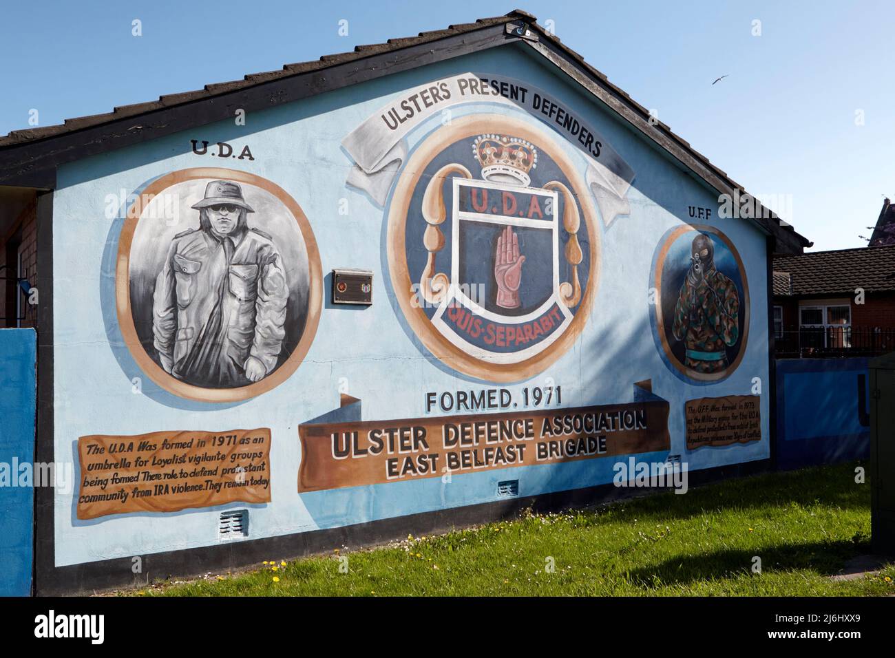 UDA (Ulster Defence Association) Loyalist paramilitary murals on 'Freedom Corner'  lower Newtownards Road, East Belfast, Northern Ireland, 20th April Stock Photo