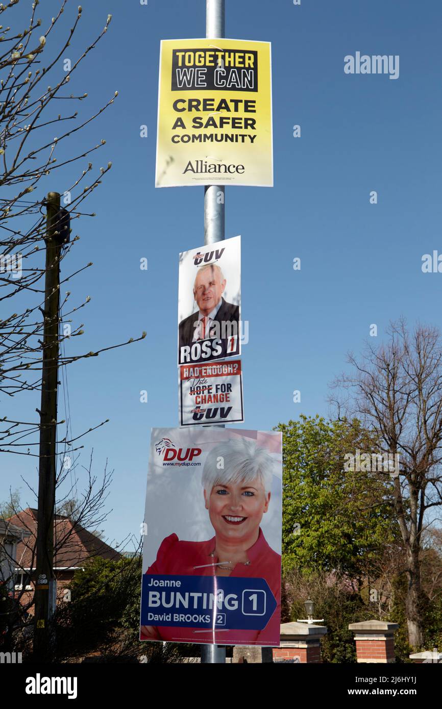Alliance, TUV and DUP election posters in East Belfast, Northern Ireland, 20th April 2022. Stock Photo