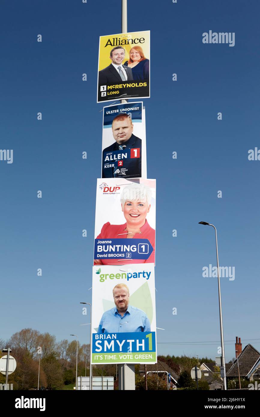 Alliance, Ulster Unionist,DUP and Green Party election posters in East Belfast, Northern Ireland, 20th April 2022. Stock Photo