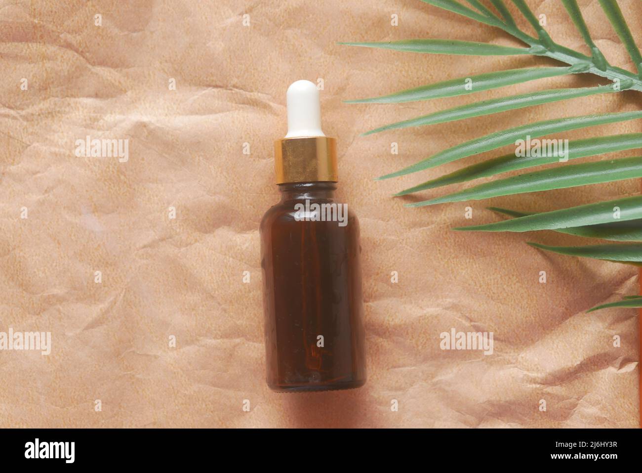 eucalyptus essential oils in a glass bottle and flower on table  Stock Photo