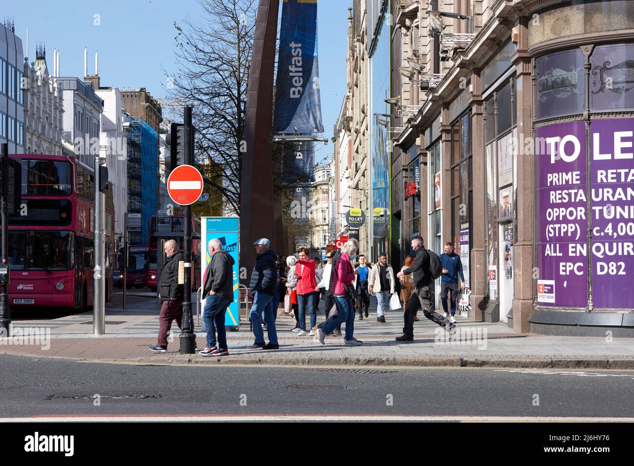 Donegall Place main shopping street in Belfast City Centre, Northern Ireland, 20th April 2022. Stock Photo