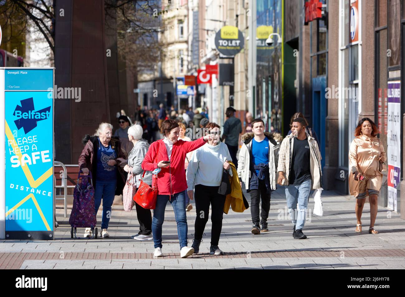 Donegall Place main shopping street in Belfast City Centre, Northern Ireland, 20th April 2022. Stock Photo