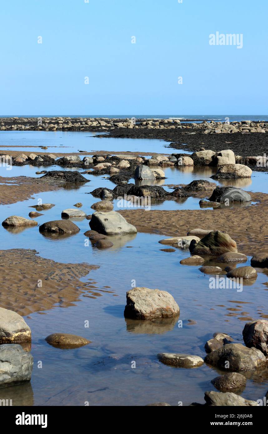 The rock pools and glistening sea of Robin Hood's Bay, Yorkshire, UK Stock Photo