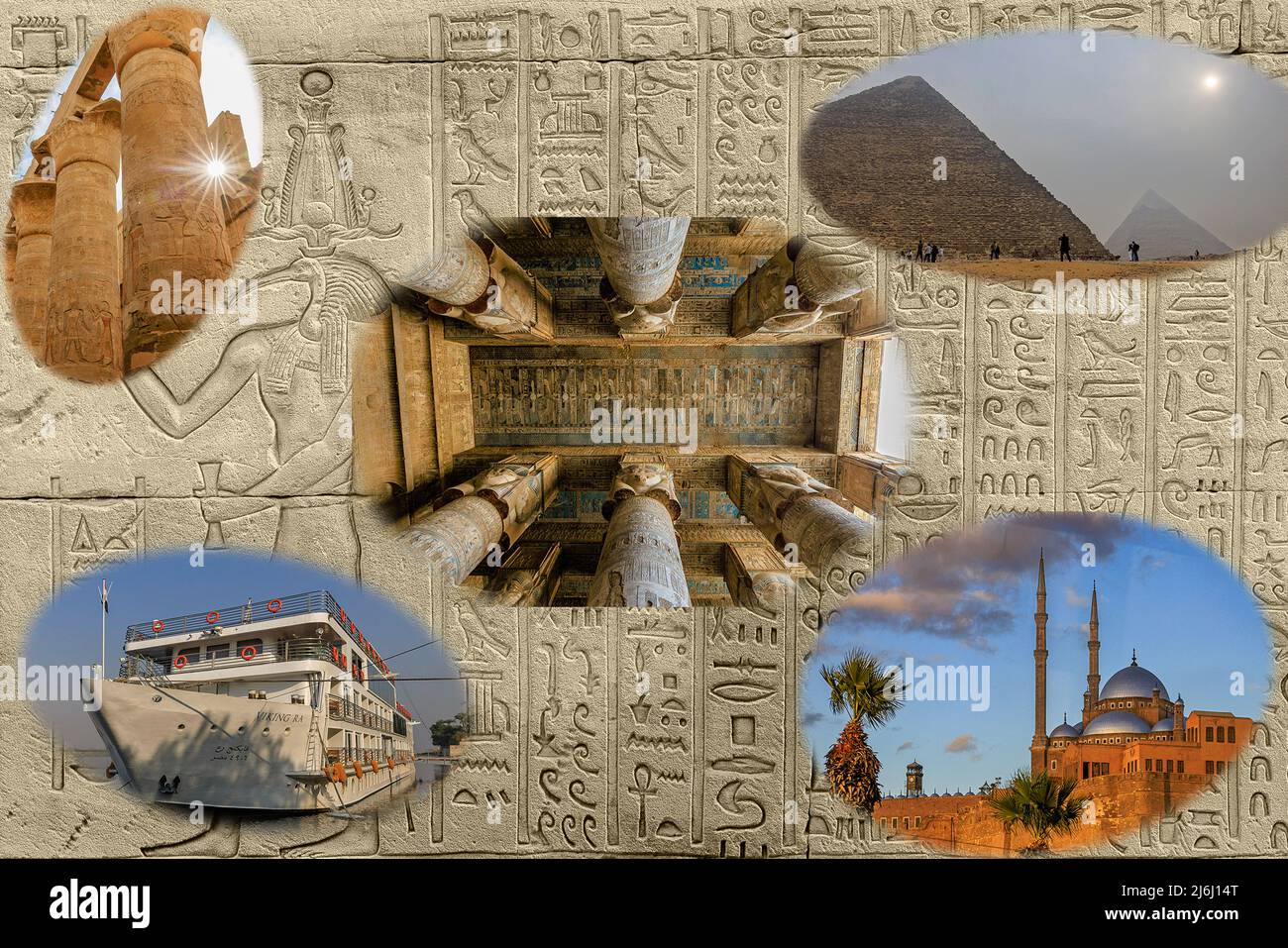 composite picture on a background of hieroglyphics of great pyramids, karnak temple dendera temple ali pasha mosque and viking ra nile cruise boat Stock Photo