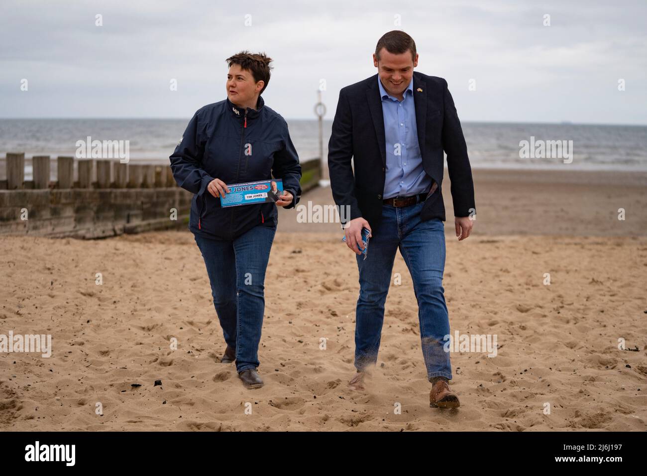 Portobello, Edinburgh, Scotland, UK. 2 May 2022. Douglas Ross, Leader of the Scottish Conservatives joins Ruth Davidson on the beach promenade at Portobello on the local election campaign trail ahead of polling day on the 5 May.  Iain Masterton/Alamy Live News Stock Photo