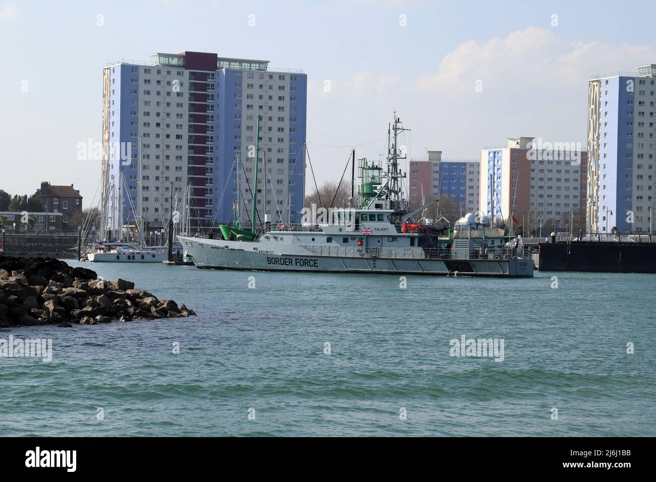 UK Border Force Cutter Valient entering Haslar Marina, Portsmouth Harbour Stock Photo