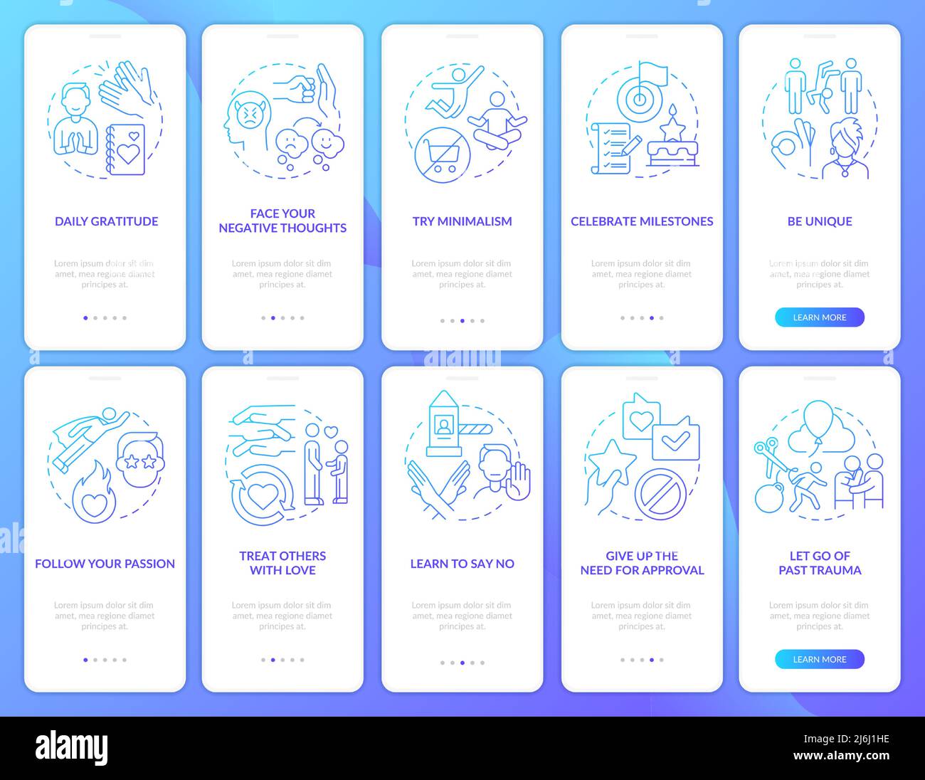 Personal mental wellness blue gradient onboarding mobile app screen set Stock Vector