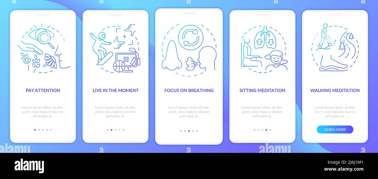 Mindfulness activities blue gradient onboarding mobile app screen Stock Vector