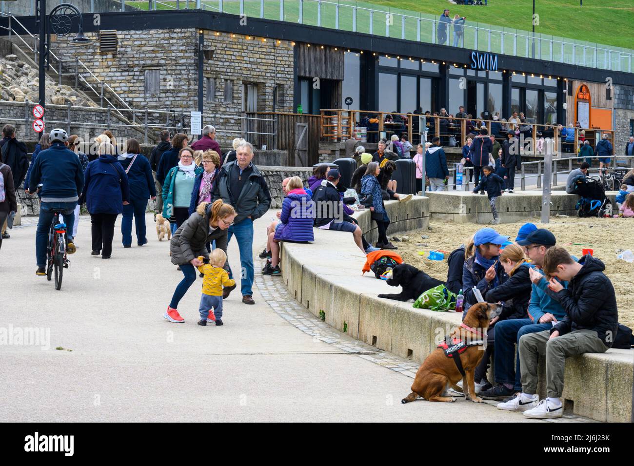 Lyme Regis, Dorset, UK. 2nd May 2022. UK Weather: Visitors and locals enjoy the bank holiday despite the overcast weather.  Credit: Celia McMahon/Alamy Live News Stock Photo