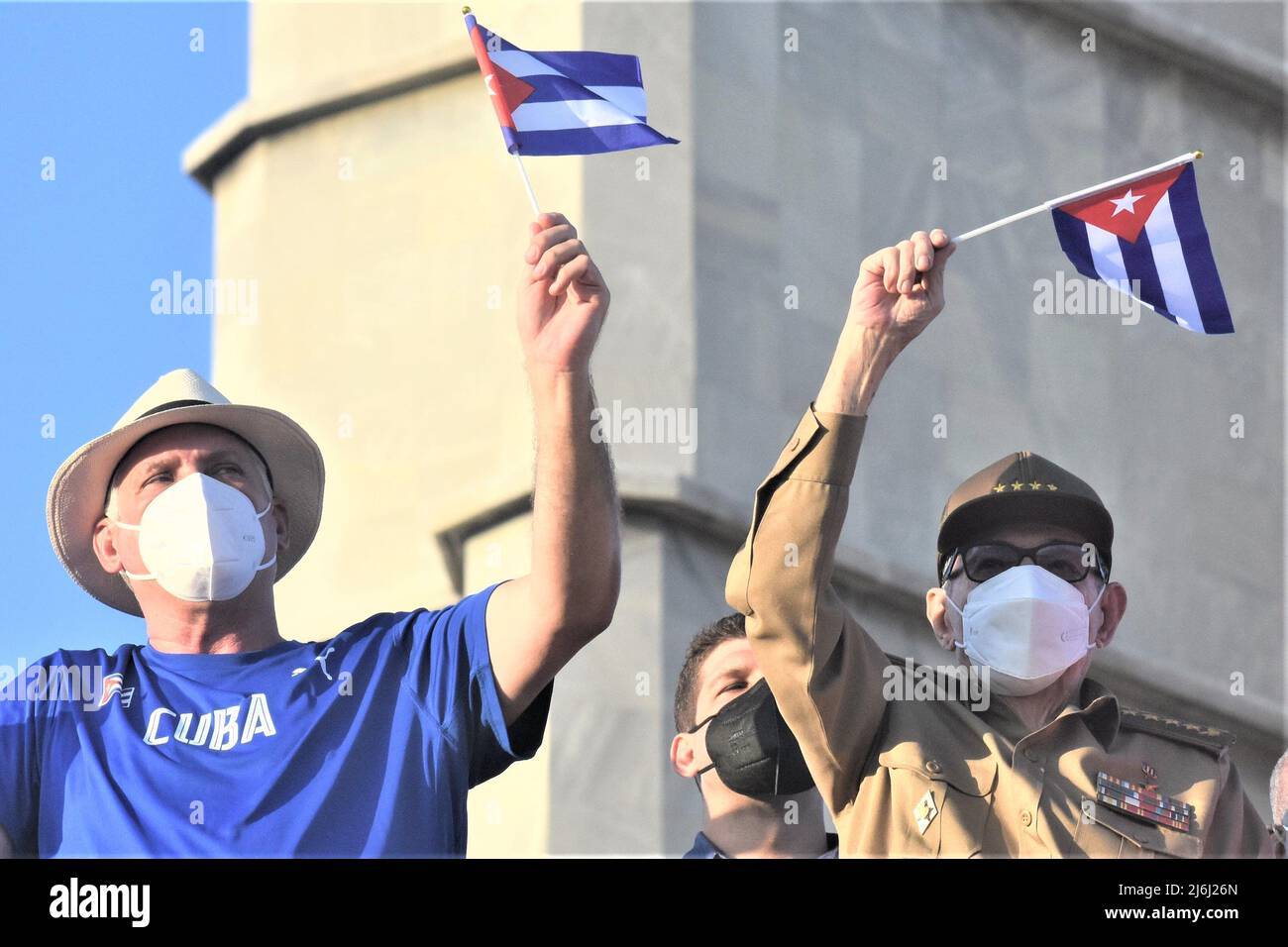 (220502) -- HAVANA, May 2, 2022 (Xinhua) -- Raul Castro (R), leader of the Cuban socialist revolution, together with Cuban President Miguel Diaz-Canel, participate in the traditional May Day parade at the Revolution Square in Havana, Cuba, May 1, 2022. TO GO WITH 'Cuba holds May Day parade for 1st time since pandemic' (Xinhua/Zhu Wanjun) Stock Photo