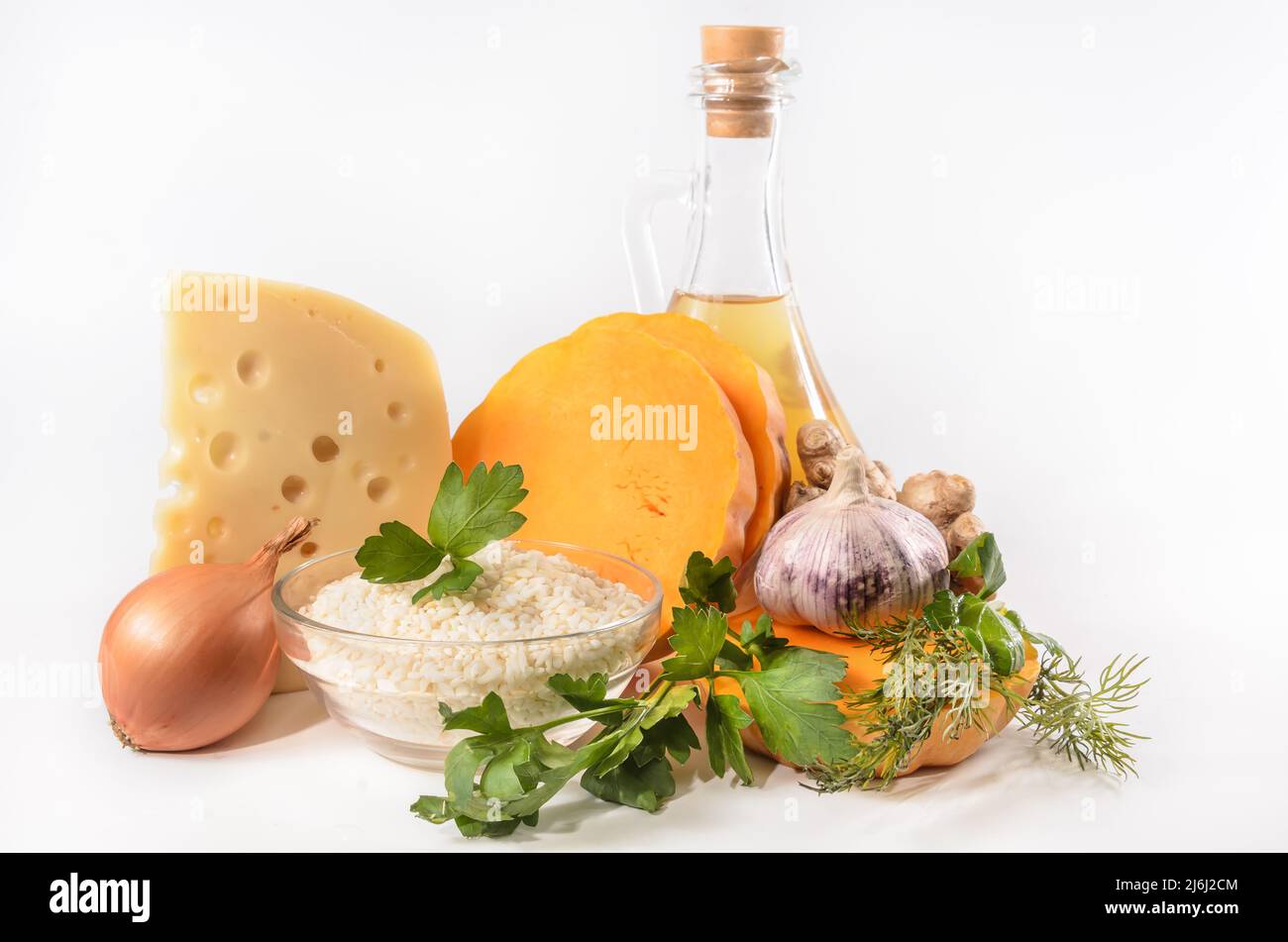 pumpkin and ingredients for pumpkin casserole with rice on a light background Stock Photo