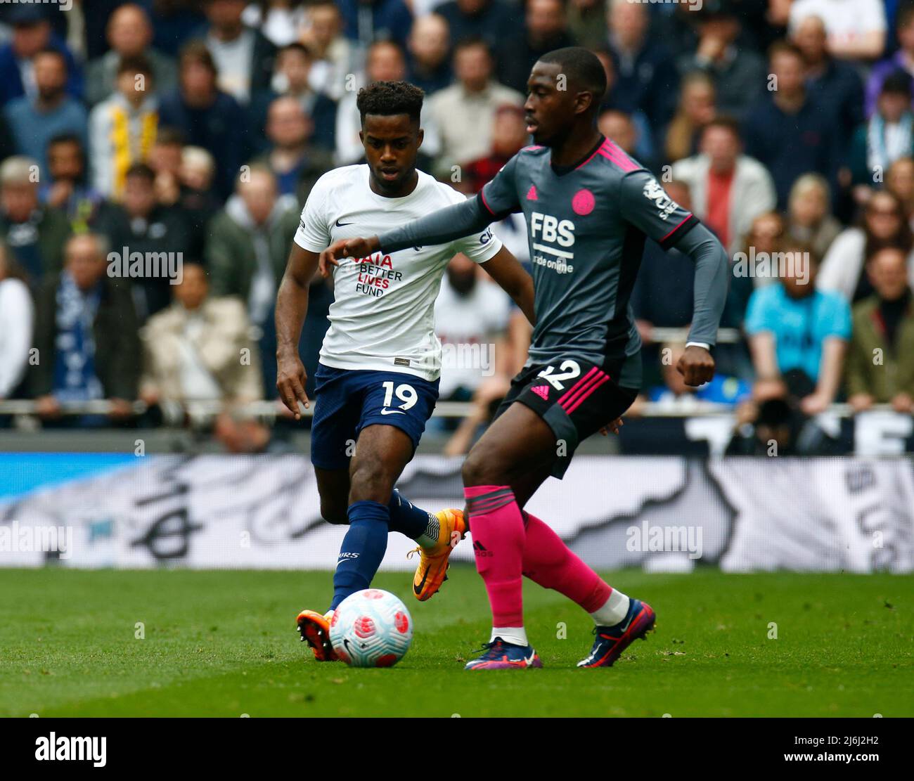 LONDON, England - MAY 01:Leicester City's Boubakary Soumare and Tottenham Hotspur's Ryan Sessegnon  during Premier League between Tottenham Hotspur an Stock Photo