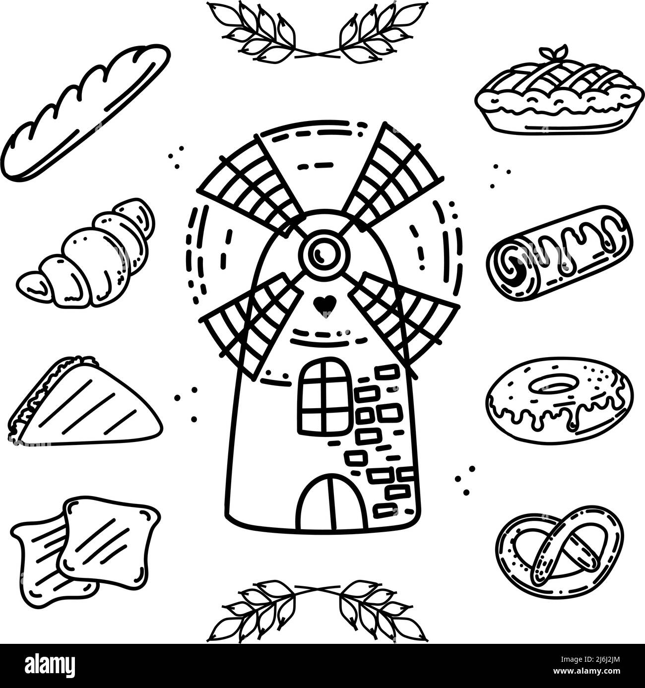 Set of baked goods, hand-drawn elements in doodle style. Mill for grinding grain. Flour products: bread, bagel, croissants and sandwich. Spike of whea Stock Vector