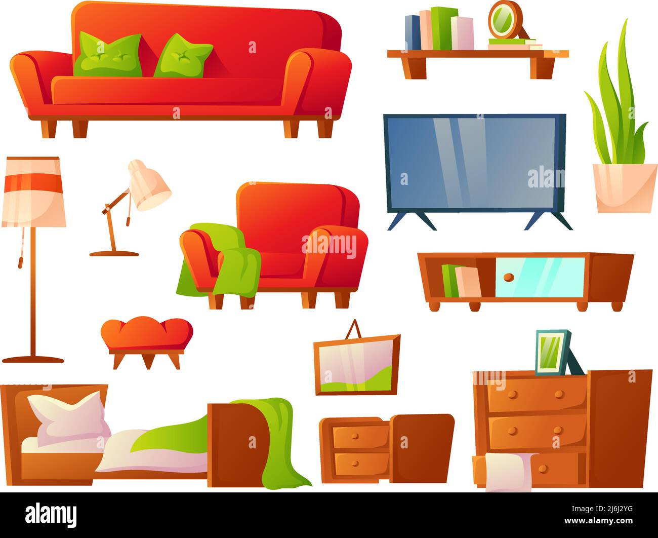 Home furniture. Cozy interior furnitures, bed and sofa, pillows and