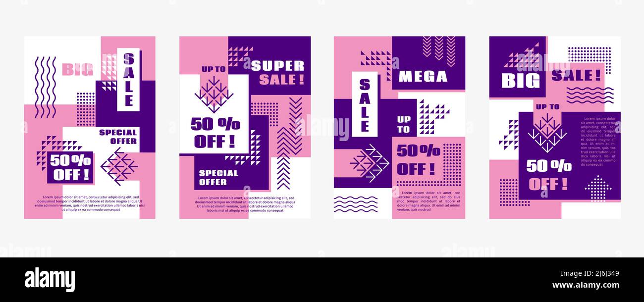 Memphis style sale banners. Coupon design, graphic geometric modern