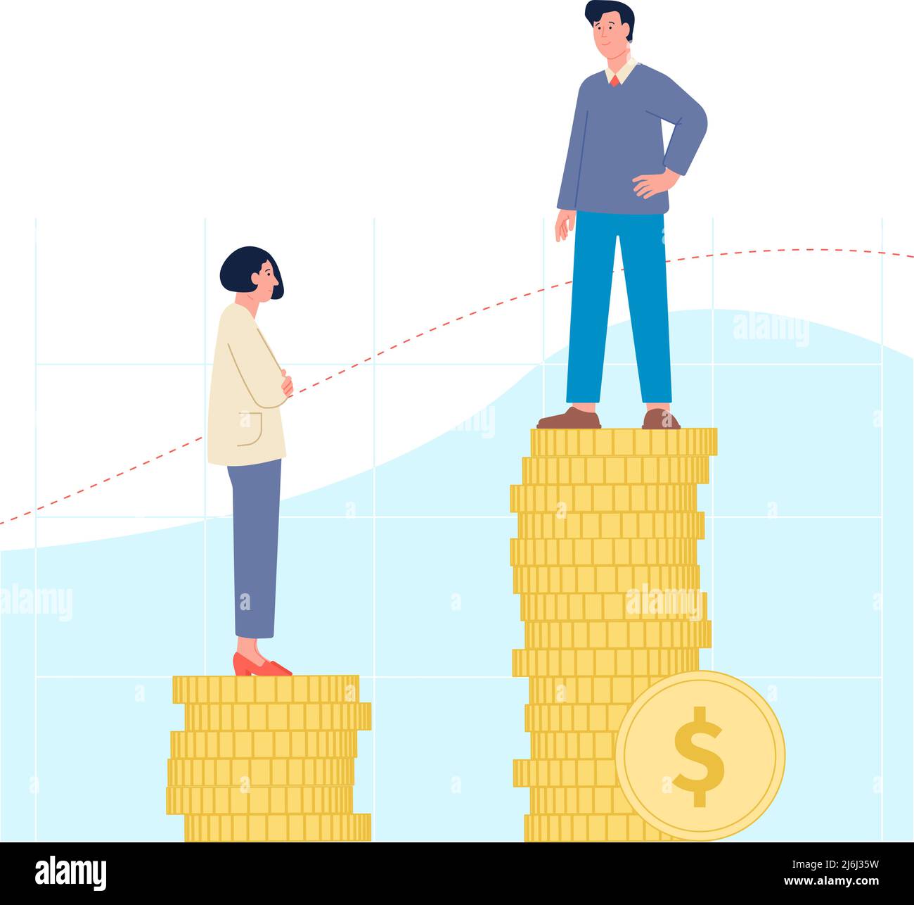 Salary gender gap. Pay wage inequality between woman and man. Business salaried discrimination girls. Genderism in job costing. Male female on coins Stock Vector