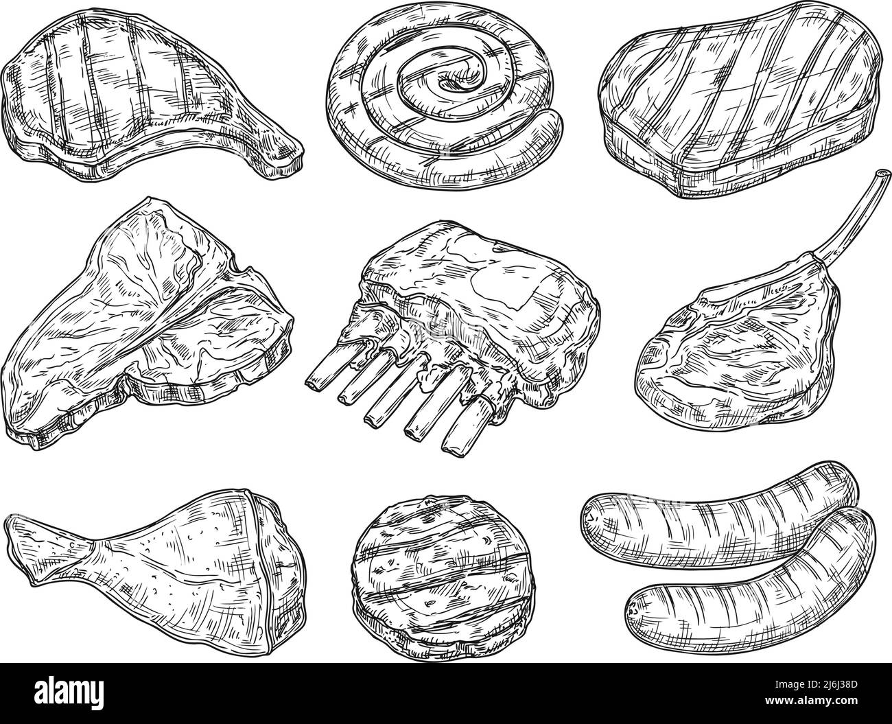 Sketch meats. Beef, pork and sausage. Fresh bbq party ingredients. Meat fillet and ribs, hand drawn barbeque beefsteak. Sketched food neoteric vector Stock Vector