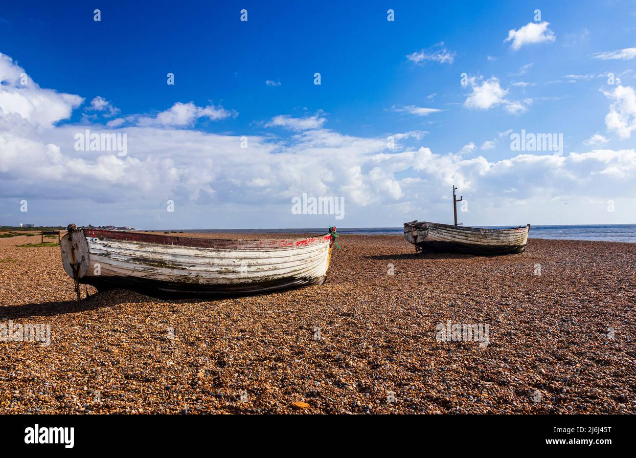 Fishing boats on the beach in May at Aldeburgh in Suffolk East Anglia ...