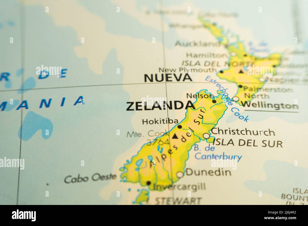 Orographic map of the New Zealand archipelago in the South Pacific. With references in English. Concept of cartography, travel, geography. Differentia Stock Photo