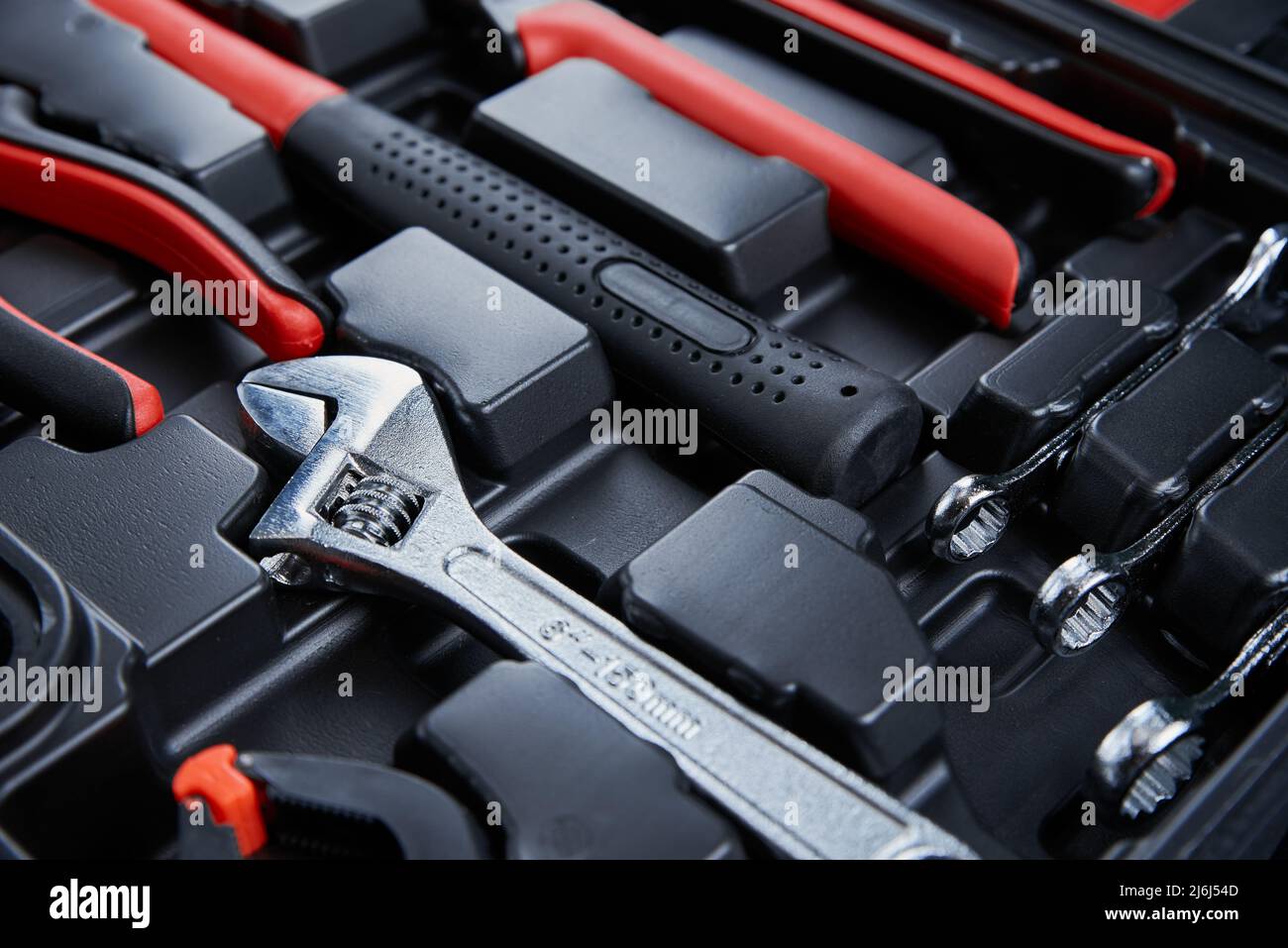 Craftsman tool service auto mechanic tools wrench,.wrench, spanner, monkey  wrench, screw wrench, The image of a tool organizer, .. Stock Photo