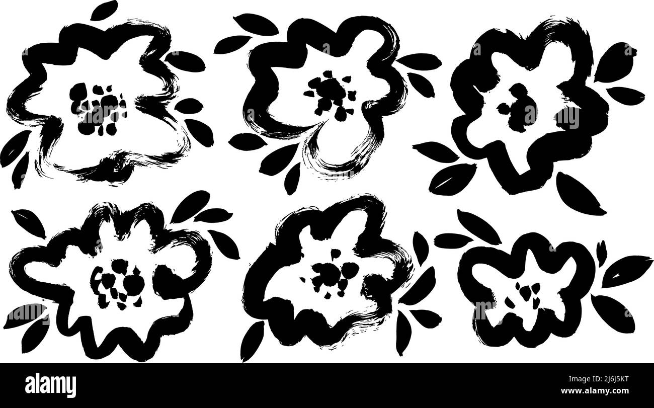 Hand drawn ink drawing flowers with leaves Stock Vector