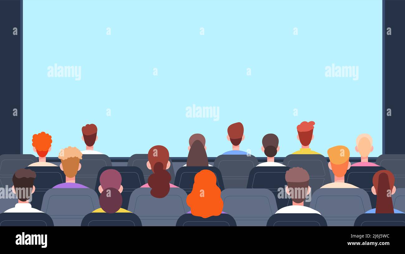 People in cinema back view. Theatre audience, crowd of head sitting on
