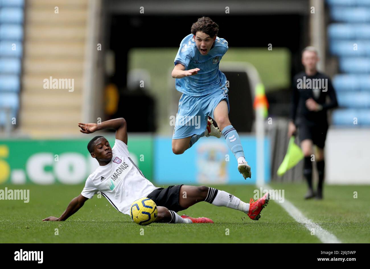 Coventry’s Charlie Finney battles for the ball with Ipswich’s Afi Adebayo during the Premier League Development Cup Final at the Coventry Building Society Arena, Coventry. Picture date: Monday May 2, 2022. Stock Photo