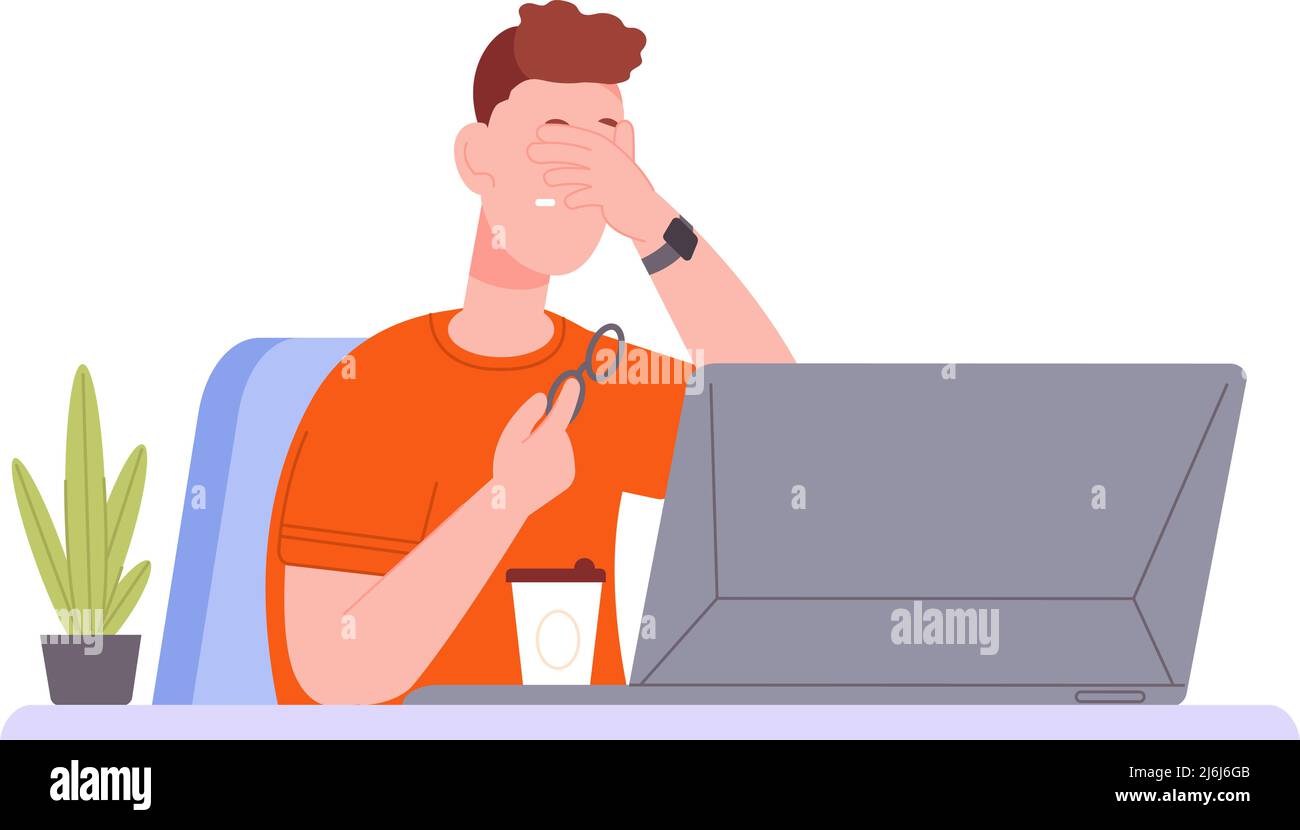 Tired eyes from computer. Strain eye sad clerk, blurry vision exhausted