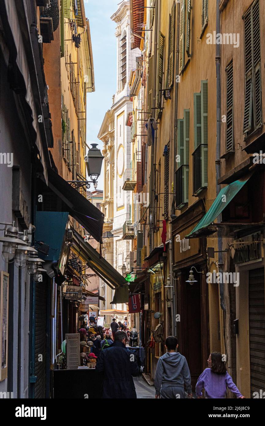 A view down Rue du Pont Vieux, towards Nice Cathedral. Stock Photo
