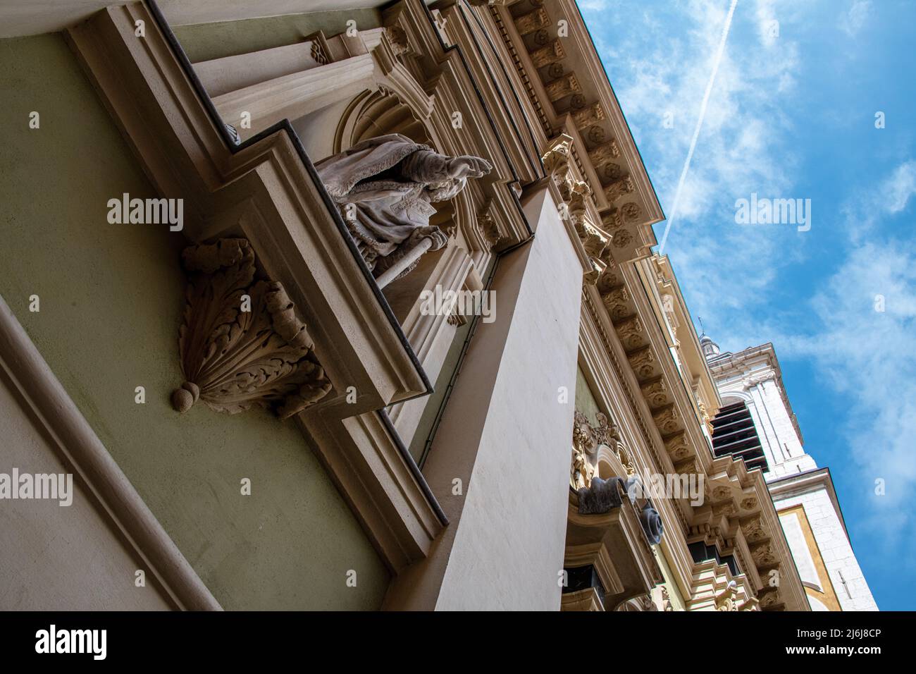 An acute angle of the facade of Nice Cathedral. Stock Photo