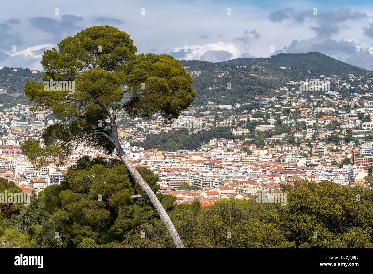 Views from Castle Hill in Nice towards Riquier, Saint-Roch and the observatory of the Côte D'azur, France. Stock Photo