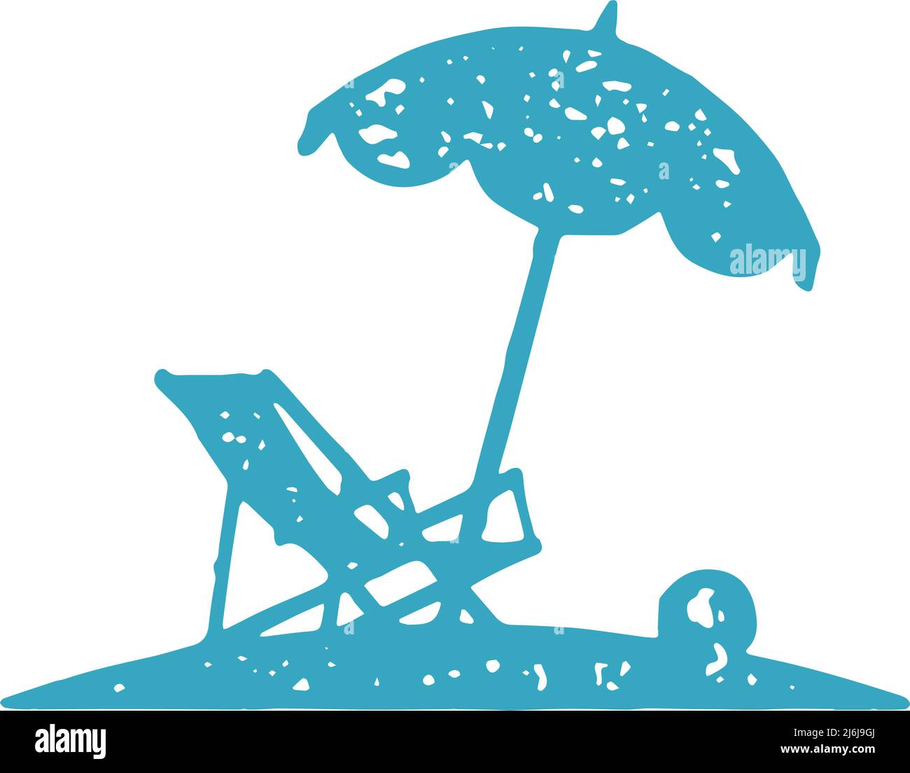 Summer chaise lounge with ball under umbrella beach leisure sunbathing relaxing hand drawn blue grunge texture vector illustration. Coast recreation l Stock Vector