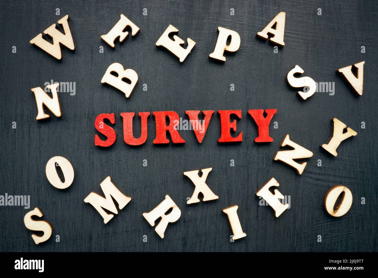 A Word survey and wooden letters around. Stock Photo
