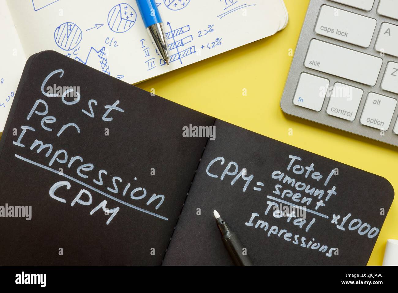 Handwritten CPM formula in the notepad. Cost per impression Stock Photo