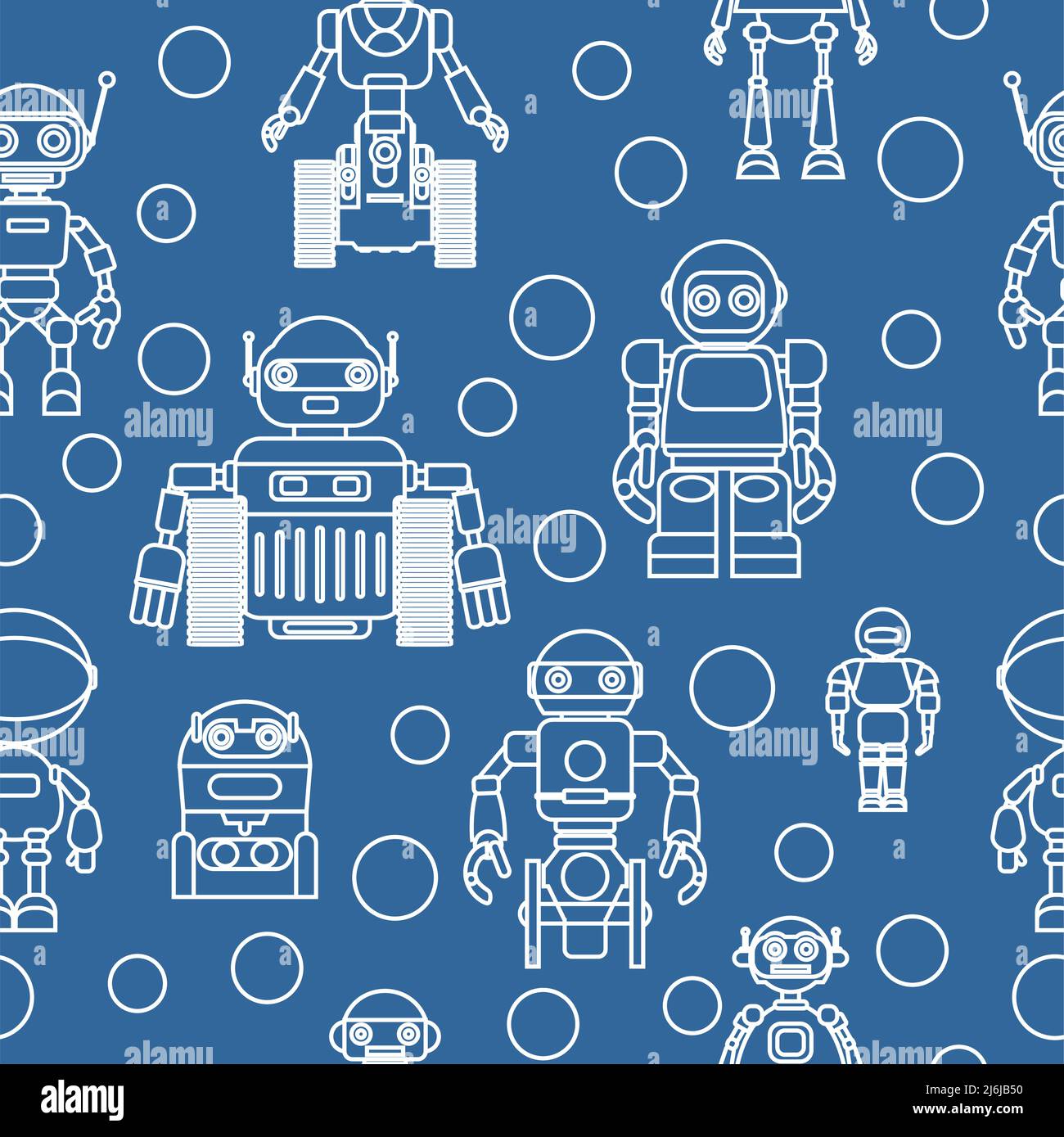 Pattern with various kinds of detailed robots isolated on blue background. Stock Vector